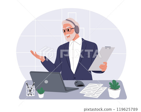 Business call concept. Elderly man with a headset for communication in the office. Vector flat illustration 119625789