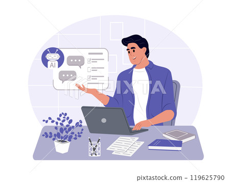 Person uses artificial intelligence to solve business problems. Search, writing and content generation using a chat bot. AI technology concept. Vector flat illustration Person uses artificial intelligence to solve business problems. Search, writing and content generation using a chat bot. AI technology concept. Vector flat illustration 119625790