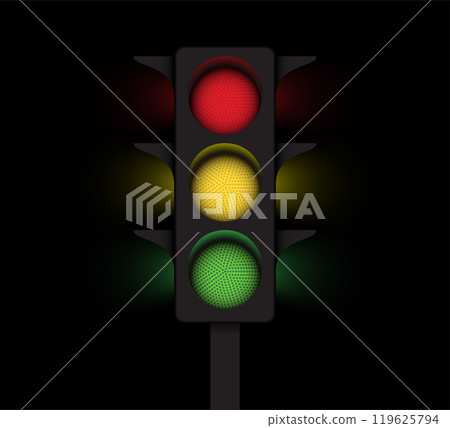 glowing traffic light against a dark background showcases three distinct signals of red, yellow, and green. Vector illustration 119625794