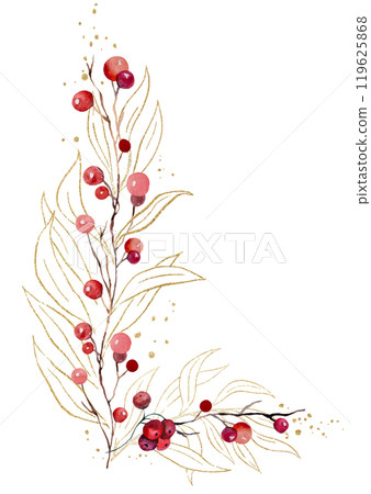 Christmas bouquet with watercolor twigs with red berries and golden leaves. Holidays Illustration Christmas bouquet with watercolor twigs with red berries and golden leaves. Holidays Illustration 119625868