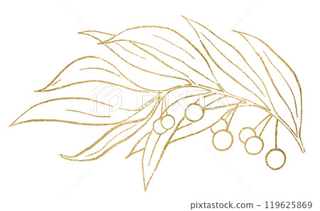 Christmas hand drawn leaves with berries silhouette, golden outlines. Holiday isolated Illustration 119625869