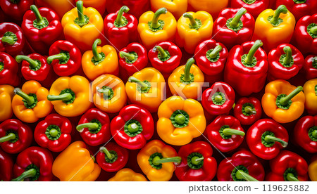 很多紅色和黃色的甜椒 119625882