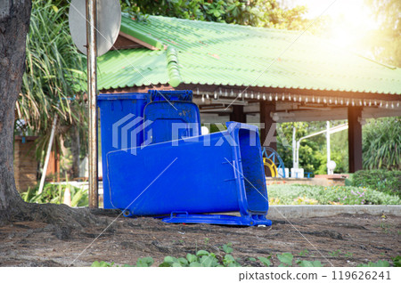 Trash cans on the side of the road, blue trash cans Trash cans on the side of the road, blue trash cans 119626241