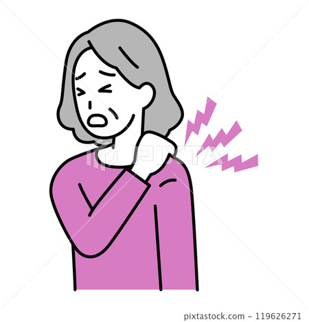 Elderly woman suffering from stiff shoulders Elderly woman suffering from stiff shoulders 119626271