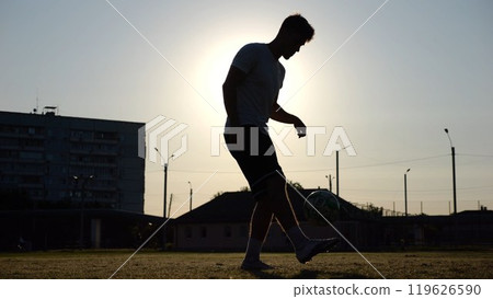 Professional footballer juggling soccer ball on stadium at sunset. Young man kicking ball at green field. Sportsman practicing tricks at meadow with sunlight at background. Freestyle football concept 119626590