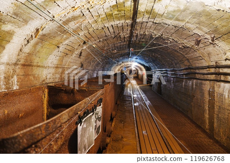 A Vintage Mining Cart on Rusty Tracks in a Dark, Eerie Mine Tunnel Surrounded by Shadows, gold mine A Vintage Mining Cart on Rusty Tracks in a Dark, Eerie Mine Tunnel Surrounded by Shadows, gold mine 119626768