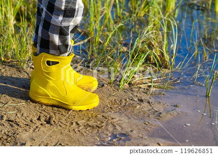 Person wearing bright yellow rubber boots standing in shallow water near a sandy beach shore area 119626851