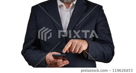 Successful businessman in elegant suit using smartphone to engage clients and enhance productivity 119626853