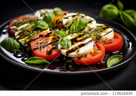 Traditional Italian salad with ripe tomatoes white cheese fresh basil and a drizzle of balsamic glaze on black table surface. Healthy food concept Traditional Italian salad with ripe tomatoes white cheese fresh basil and a drizzle of balsamic glaze on black table surface. Healthy food concept 119626895