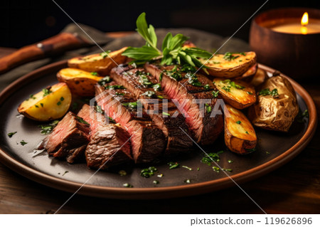 Sliced grilled steak with herbs roasted potatoes on a dark plate standing on wooden table. Traditional food concept Sliced grilled steak with herbs roasted potatoes on a dark plate standing on wooden table. Traditional food concept 119626896