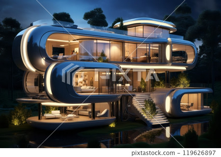 A modern luxurious home with curved design features illuminated against a dusk landscape. Futuristic eco friendly interior exterior A modern luxurious home with curved design features illuminated against a dusk landscape. Futuristic eco friendly interior exterior 119626897