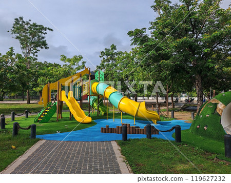 Kindergarten kid playgrounds in school park at sunny day Kindergarten kid playgrounds in school park at sunny day 119627232