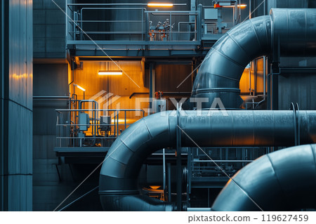 Geothermal power generation with advanced infrastructure and cooling systems. A large arrangement of pipes is intricately connected in a factory Geothermal power generation with advanced infrastructure and cooling systems. A large arrangement of pipes is intricately connected in a factory 119627459
