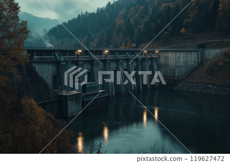 Hydroelectric plant with a view of the dam and energy production facilities. A dam is situated in the midst of a beautiful lake encircled by trees 119627472