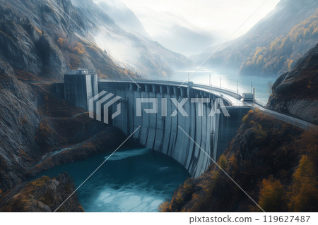 Modern hydroelectric power station with a large reservoir and dam. A large dam is in the center of a river surrounded by mountains 119627487