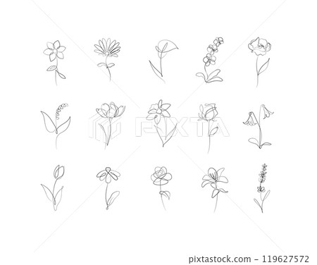 Flowers hand drawn linear icons set white 119627572