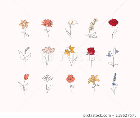 Flowers hand drawn linear icons set white and color 119627573