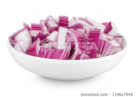 Red onion slices in ceramic bowl isolated on a white background Red onion slices in ceramic bowl isolated on a white background 119627648