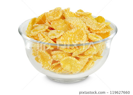 Cornflakes in glass bowl isolated on white background. Cornflakes in glass bowl isolated on white background. 119627660