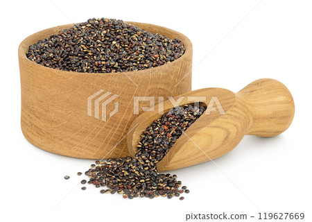 black quinoa in wooden bowl and scoop isolated on white background black quinoa in wooden bowl and scoop isolated on white background 119627669