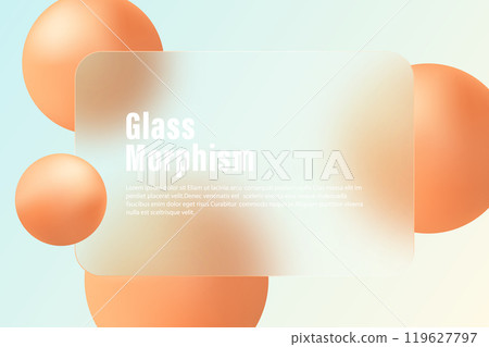 Glass morphism landing page with rectangular frame. Vector illustration with blurred floating spheres in orange color 119627797