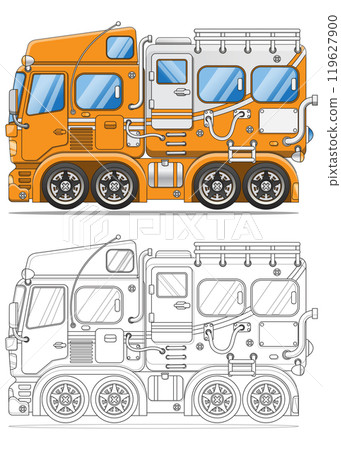Futuristic all-terrain camper. Side view. Coloring. Isolated on white background. Vector illustration. Futuristic all-terrain camper. Side view. Coloring. Isolated on white background. Vector illustration. 119627900