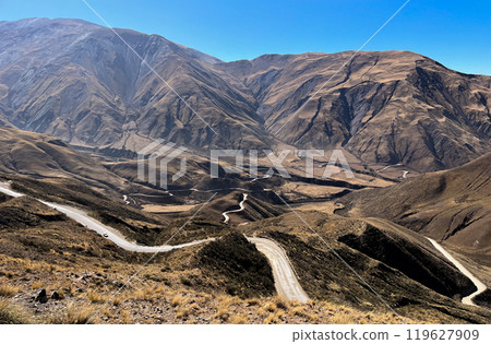 Horizontal photo of mountain landscape with winding roads, Northern Argentina. 119627909