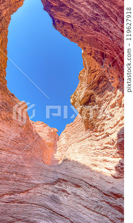 Blue sky is seen between the rock formations of the Amphitheater in Salta, Arg. 119627918