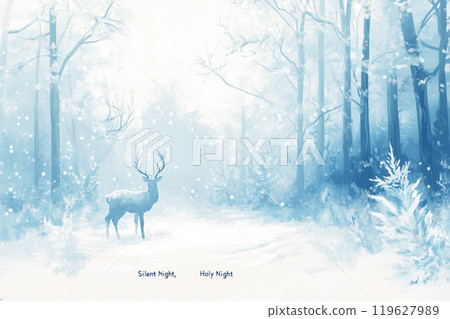 A card with a snowy forest landscape in pale blue and white, featuring a reindeer standing in the snow.A deer is standing in the middle of a forest A card with a snowy forest landscape in pale blue and white, featuring a reindeer standing in the snow.A deer is standing in the middle of a forest 119627989