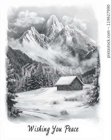 A card with a snowy mountain scene in grayscale, with a small cabin.A black and white drawing of a cabin in the mountains 119627990