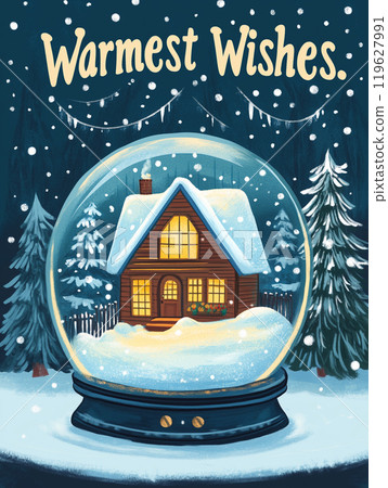 A card with a snow globe featuring a cozy house inside, and the message "Warmest Wishes." A snow globe with a cozy house 119627991