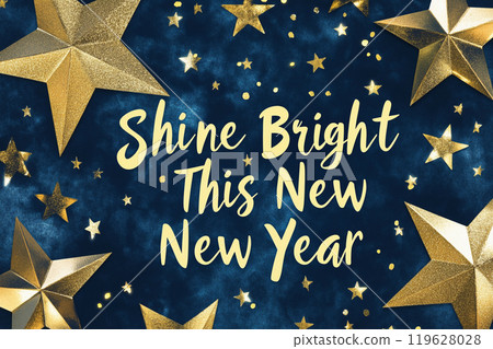 A contemporary design featuring abstract snowflakes and geometric shapes in silver and blue.Blue background with gold stars and the words shine bright A contemporary design featuring abstract snowflakes and geometric shapes in silver and blue.Blue background with gold stars and the words shine bright 119628028