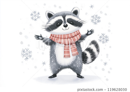 A playful round illustration of a dancing raccoon joyfully twirling in a pastel-colored scarf. A raccoon dressed in a scarf is standing in the snow 119628030