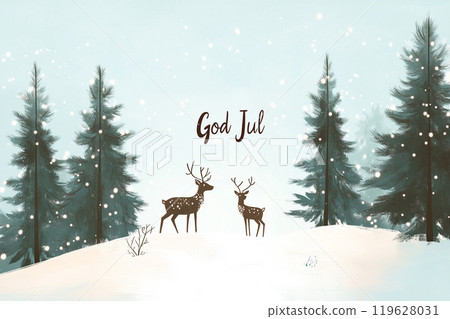 A Scandinavian-style card with a simple line drawing of a reindeer and pine tree.Two deer stand on a snowcovered hill in the woods A Scandinavian-style card with a simple line drawing of a reindeer and pine tree.Two deer stand on a snowcovered hill in the woods 119628031