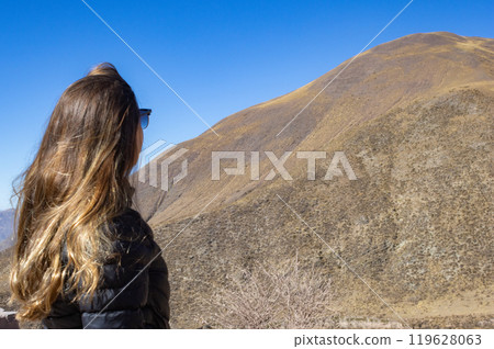 Woman tourist watching a mountain scene in Salta, Argentina. 119628063