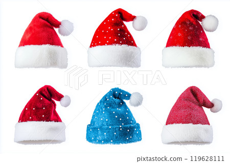 A set of six watercolor multicolor santa hats with different designs,on a white background.Six uniquely colored Santa hats on a plain white background A set of six watercolor multicolor santa hats with different designs,on a white background.Six uniquely colored Santa hats on a plain white background 119628111