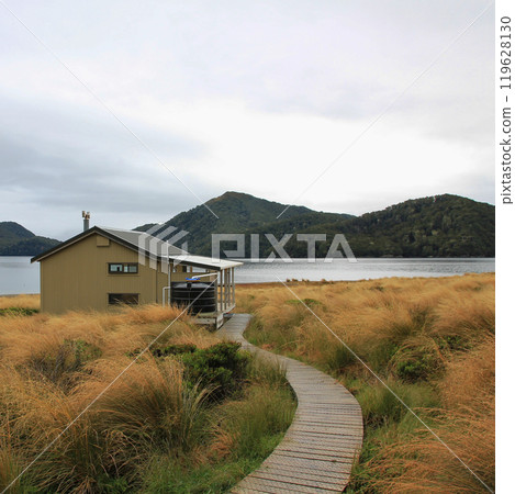 Public back country hut at Green Lake, New Zealand. Public back country hut at Green Lake, New Zealand. 119628130