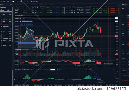 Charts displaying the trading volume and liquidity of decentralized exchanges.A computer screen shows a graph of the stock market trends Charts displaying the trading volume and liquidity of decentralized exchanges.A computer screen shows a graph of the stock market trends 119628155