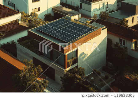 Solar panels on the roof of a modern residential building in a suburban area. Solar panels on the roof of a modern residential building in a suburban area. 119628303