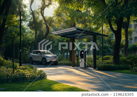 Solar-powered electric vehicle charging station in a green park. An electric car is charging at a park charging station 119628305