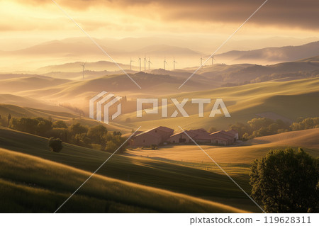 Wind farm with turbines on rolling hills and farmland. A sunset over a green hillside with a house in the distance 119628311