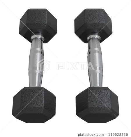 Blank Two Hex Dumbbells, weightlifting gym equipment top view 119628326