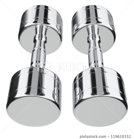 Two blank Round Dumbbells, chrome weightlifting gym equipment top view Two blank Round Dumbbells, chrome weightlifting gym equipment top view 119628332