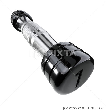 Round Chrome Dumbbell with number 1, weightlifting gym equipment wide angle view 119628335