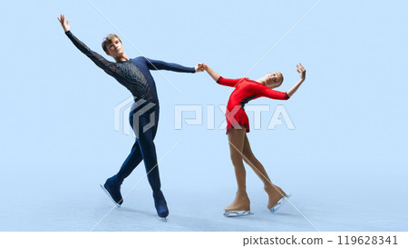 Impressive figure skating lift, showcasing the strength and grace of the skaters against cold blue background. Artistry in ice dance. Impressive figure skating lift, showcasing the strength and grace of the skaters against cold blue background. Artistry in ice dance. 119628341