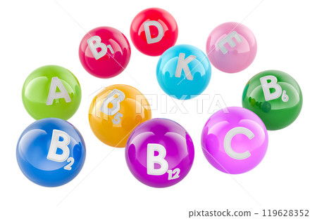 Set of vitamin balls, 3D rendering Set of vitamin balls, 3D rendering 119628352