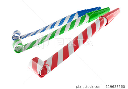 Set of Party Horns. Colorful party blowers whistles. 3D rendering 119628360