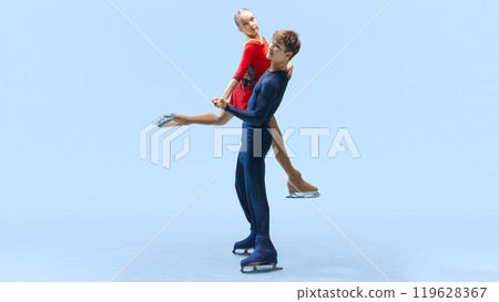 Charming, artistic man and woman on skating rink, performing figure skating tricks against cold blue background. 119628367