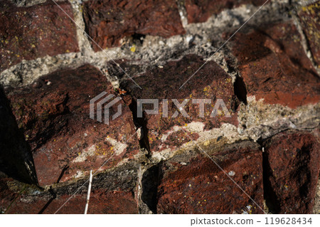 The ruins of the red brick fortress wall. Brick wall background The ruins of the red brick fortress wall. Brick wall background 119628434