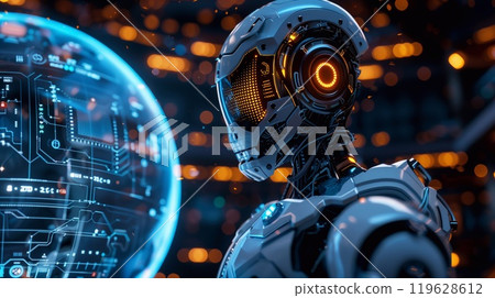 A humanoid robot interacts with a glowing globe while surrounded by intricate circuitry, highlighting the integration of AI and technology 119628612